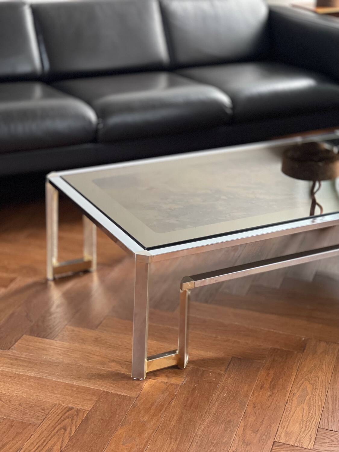 Table basse miroir fumé marbré vintage 1970s