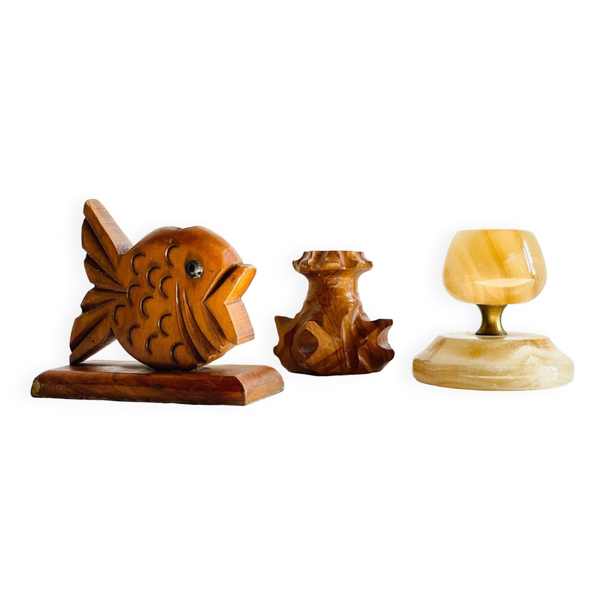 Trio of vintage wood and onyx candle holders