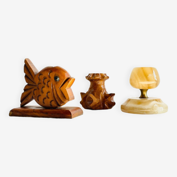 Trio of vintage wood and onyx candle holders