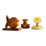Trio of vintage wood and onyx candle holders