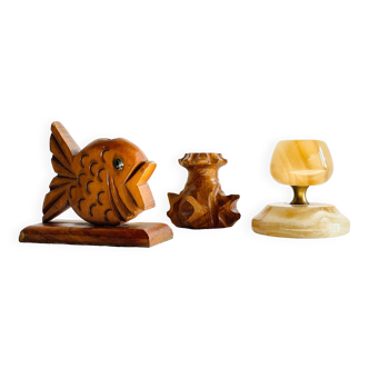 Trio of vintage wood and onyx candle holders