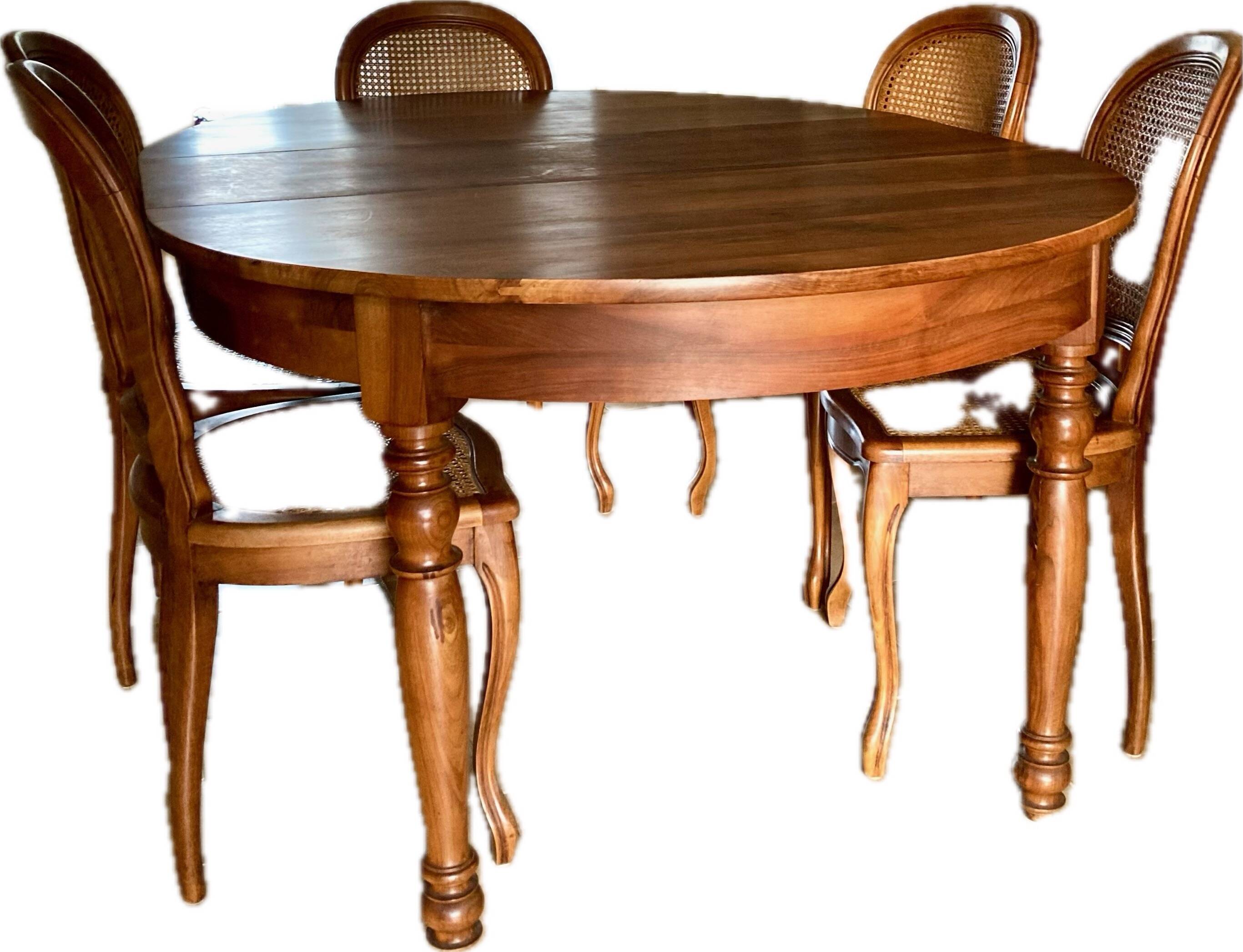 Extendable table and 6 antique caned chairs Louis XV style vintage cherry wood