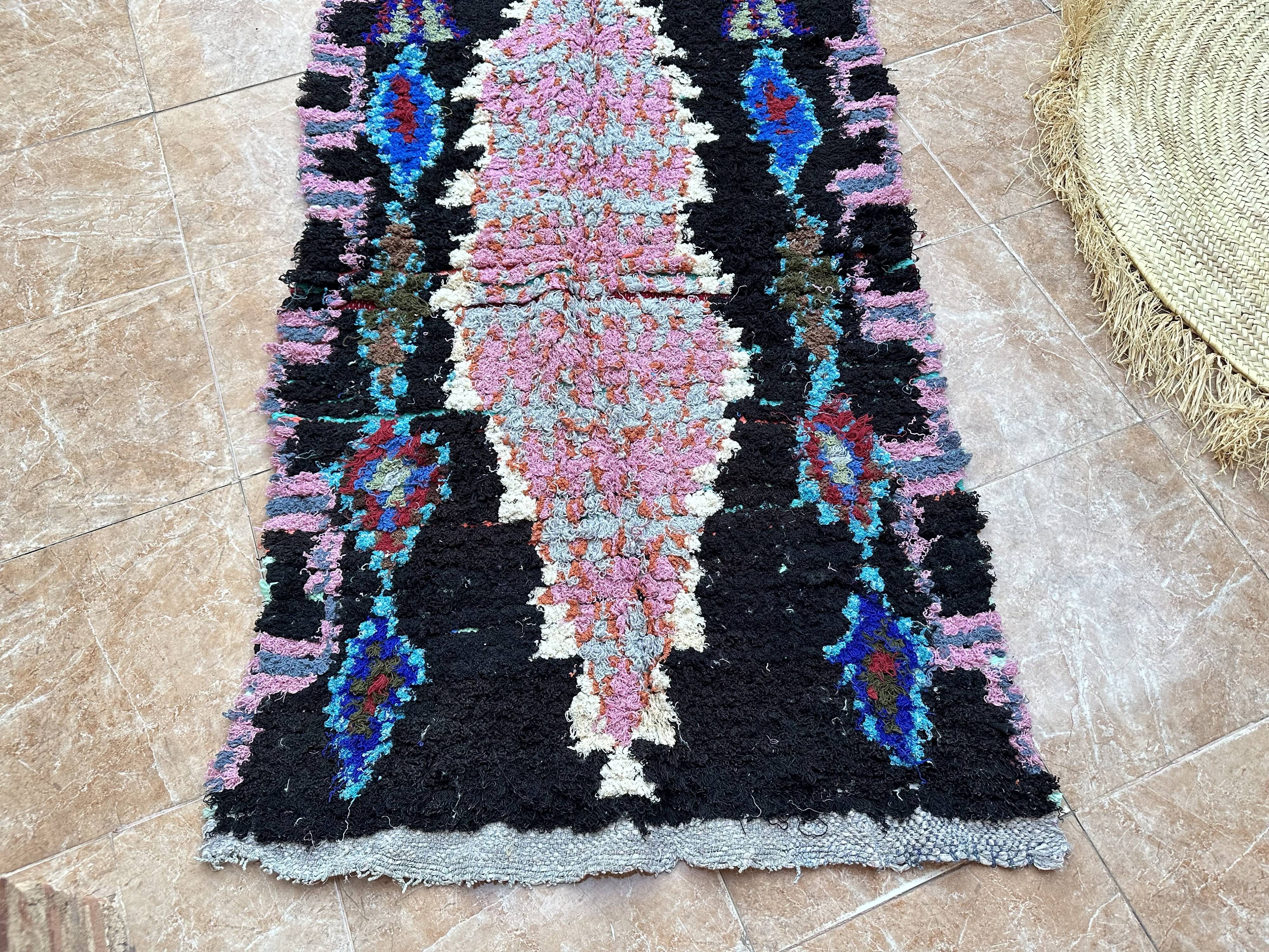Vintage Berber Boucherouite hallway rug: Handwoven Moroccan rug.