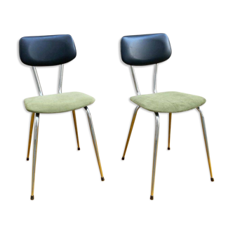 Paire de chaises en métal chromé, skaï noir et velours, années 70