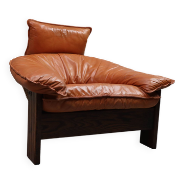 Vintage tripod lounge chair in leather, rattan and oak, Netherlands