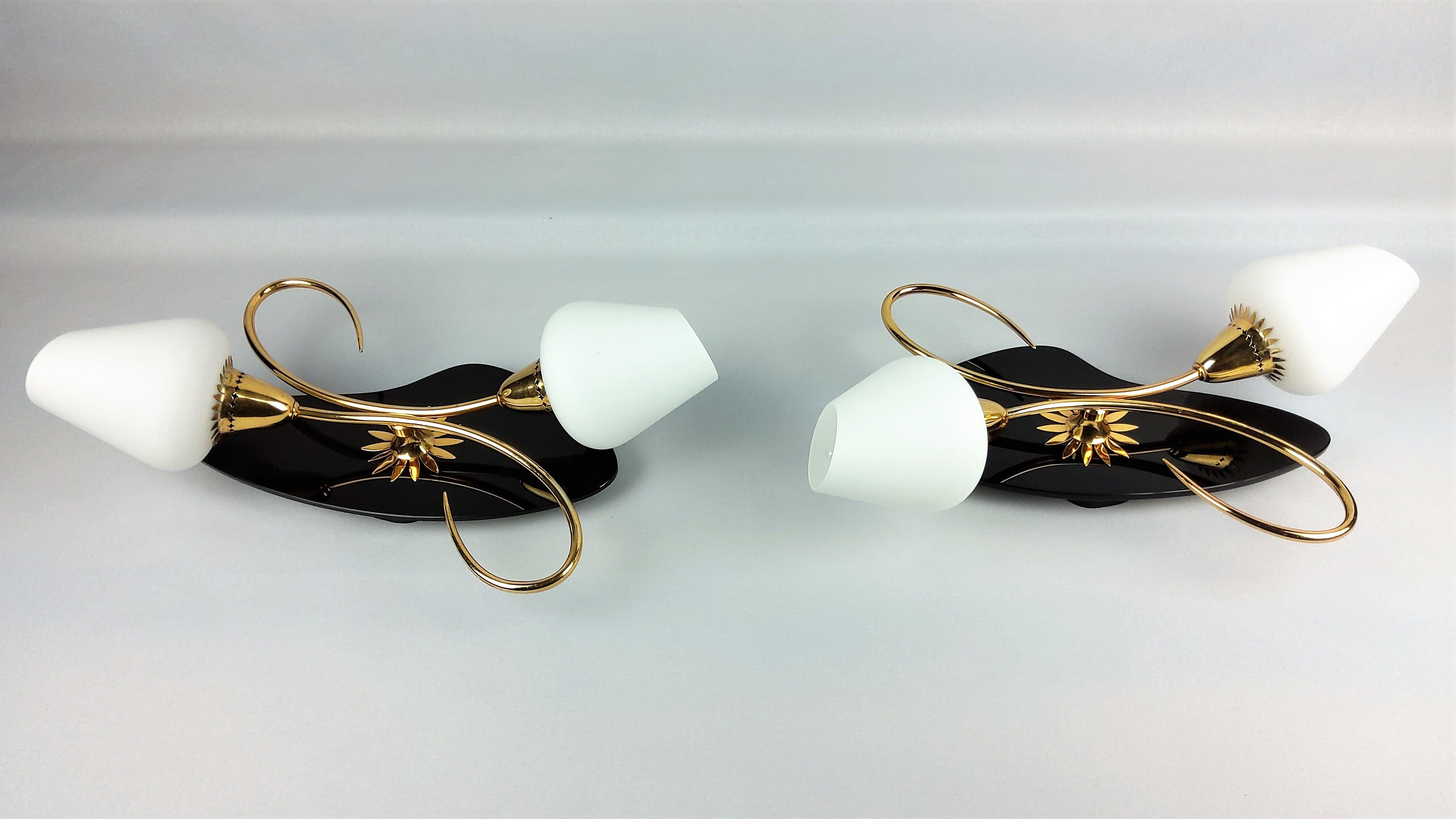 Arlus black and brass opaline sconces 1960