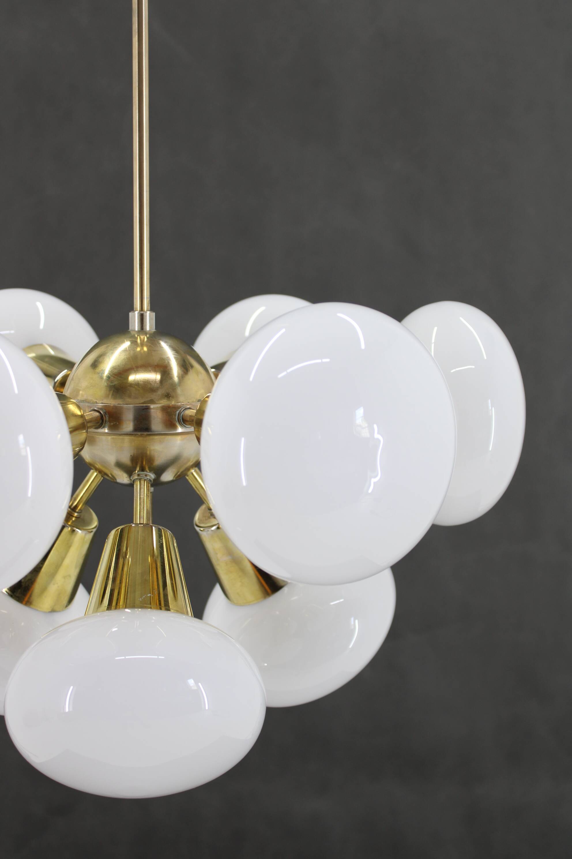 1970s Brass 9-Flamming Chandelier by Sputnik , Czechoslovakia