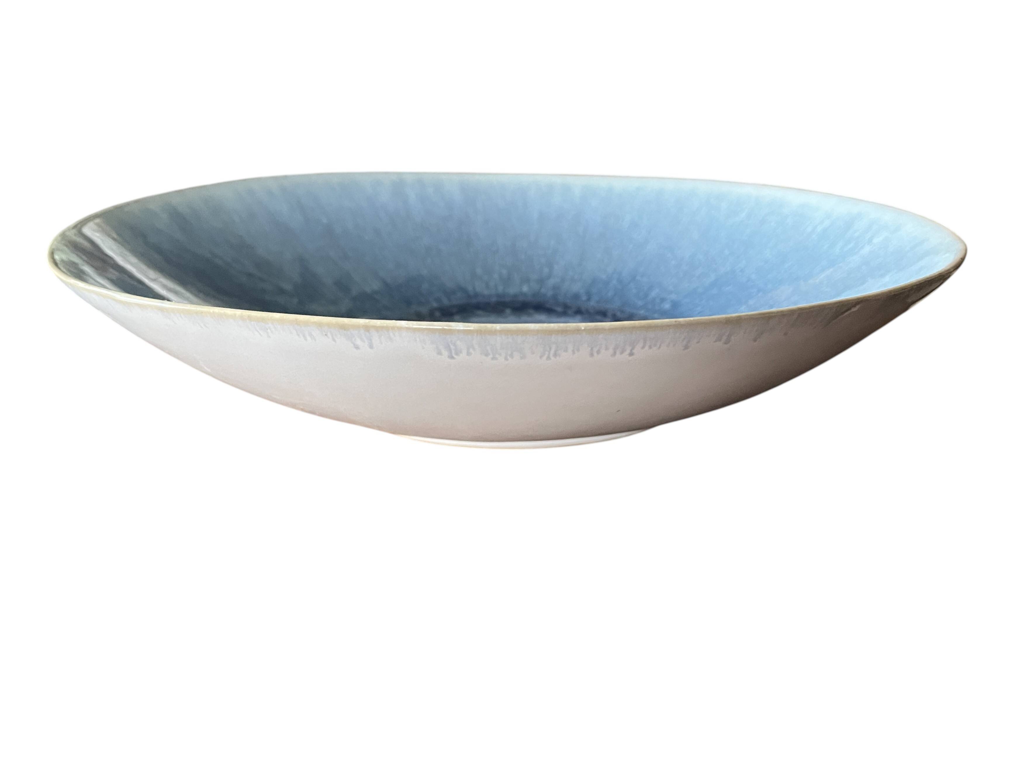 Large blue artisanal ceramic shallow dish from the 20th century.