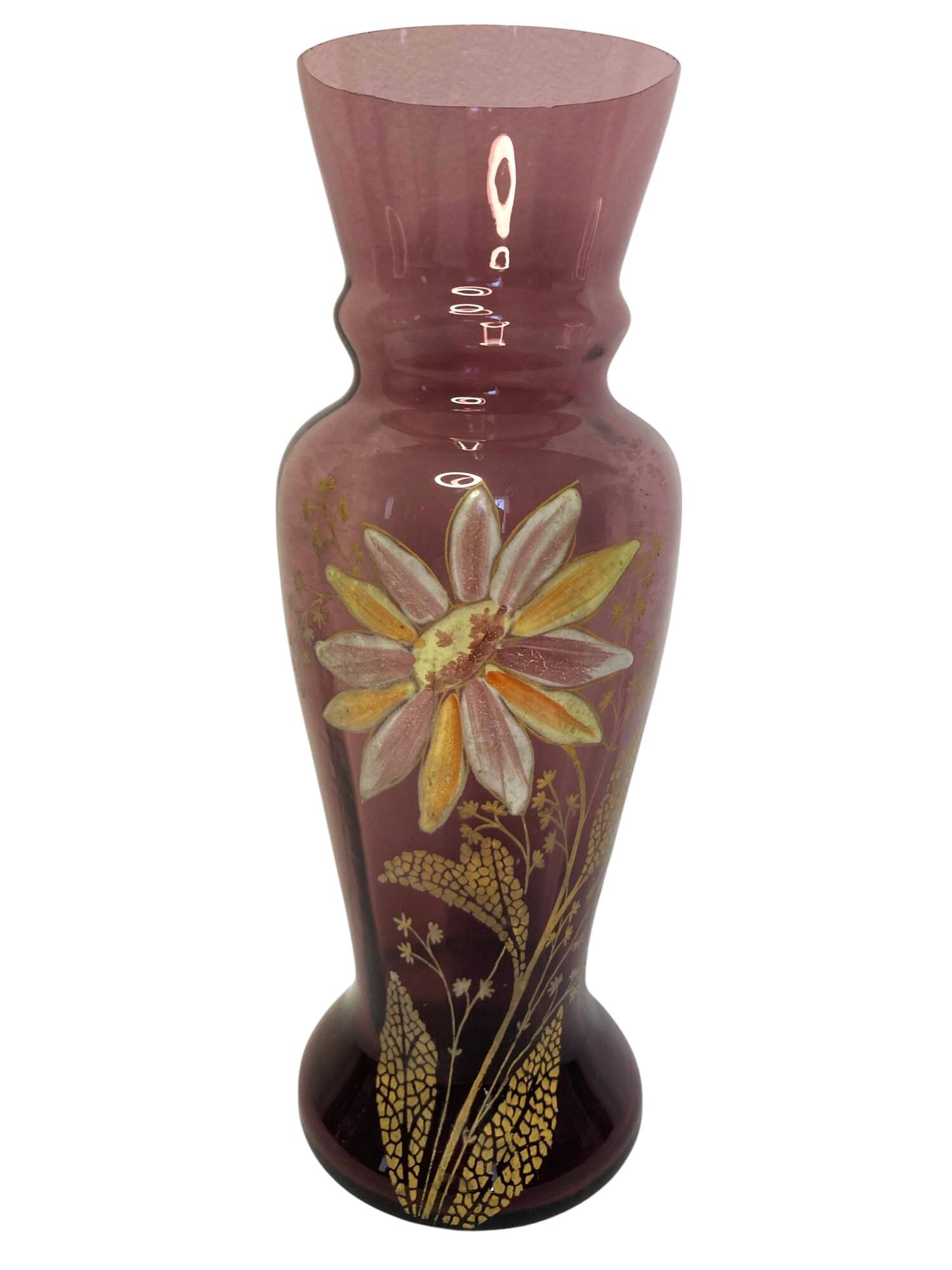 Legras Montjoye, purple enamelled glass vase with daisy pattern circa 1900