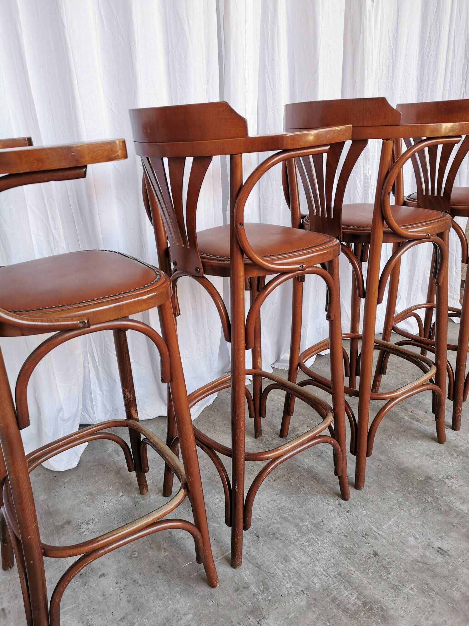Set of 4 Vintage Bentwood Bar Stools, Brown Leather Seat, Nailhead Trim