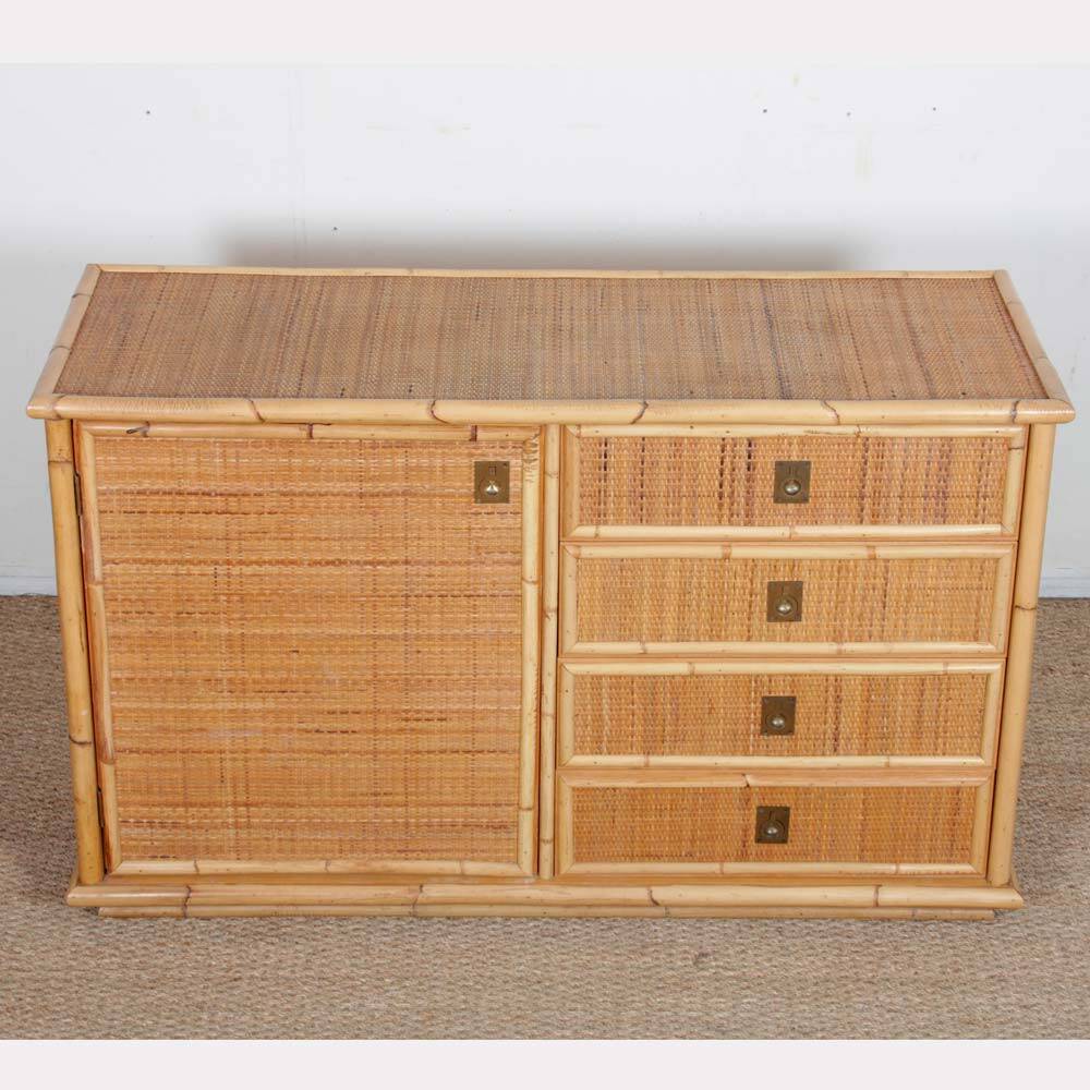 Vintage wicker, bamboo and brass chest of drawers by Dal Vera, 1970.