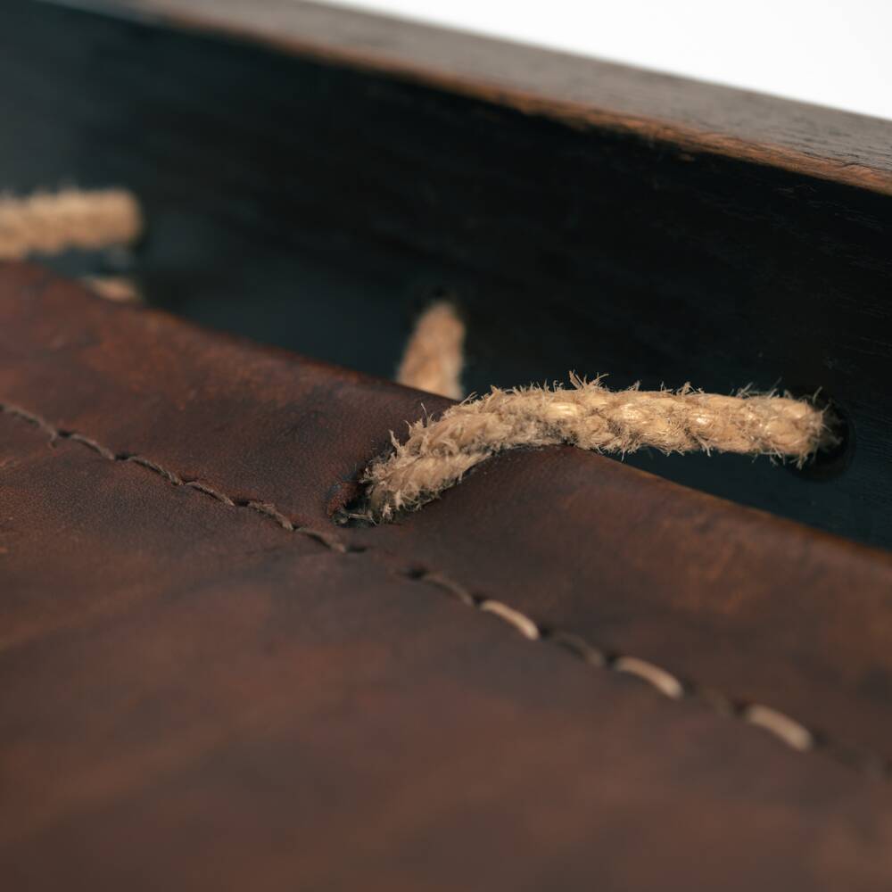 Vintage Brutalist Hide Leather and Wood with Rope Dining Chairs, Set of 2