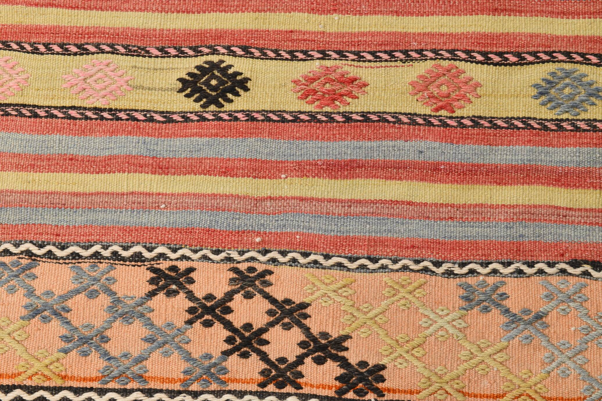 3x0 Blush Pink & Blue Striped Vintage Kilim Runner, Rugs For Bohemian Entry