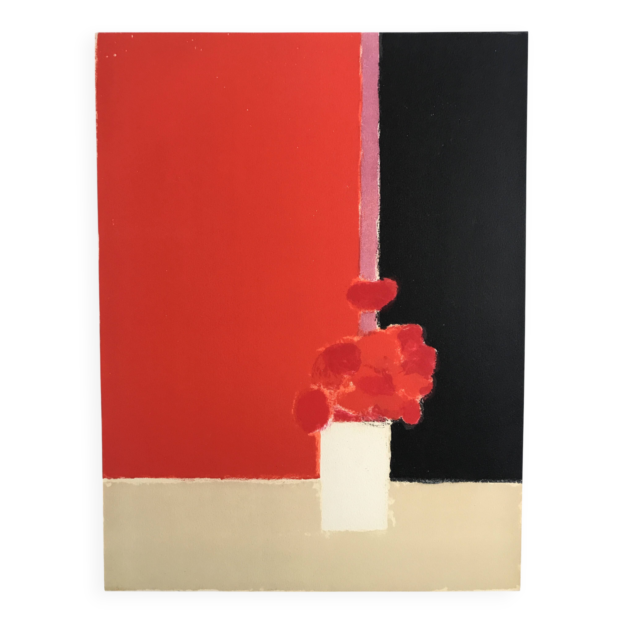 Original Tokonoma lithograph on a red and black background by Bernard Cathelin, 1988