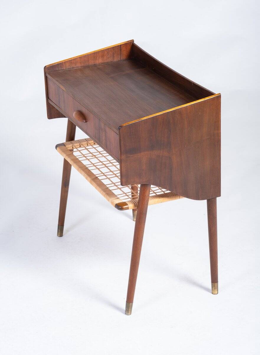 Side Table in Rosewood with Drawer and Rattan Shelf, Denmark, 1960s