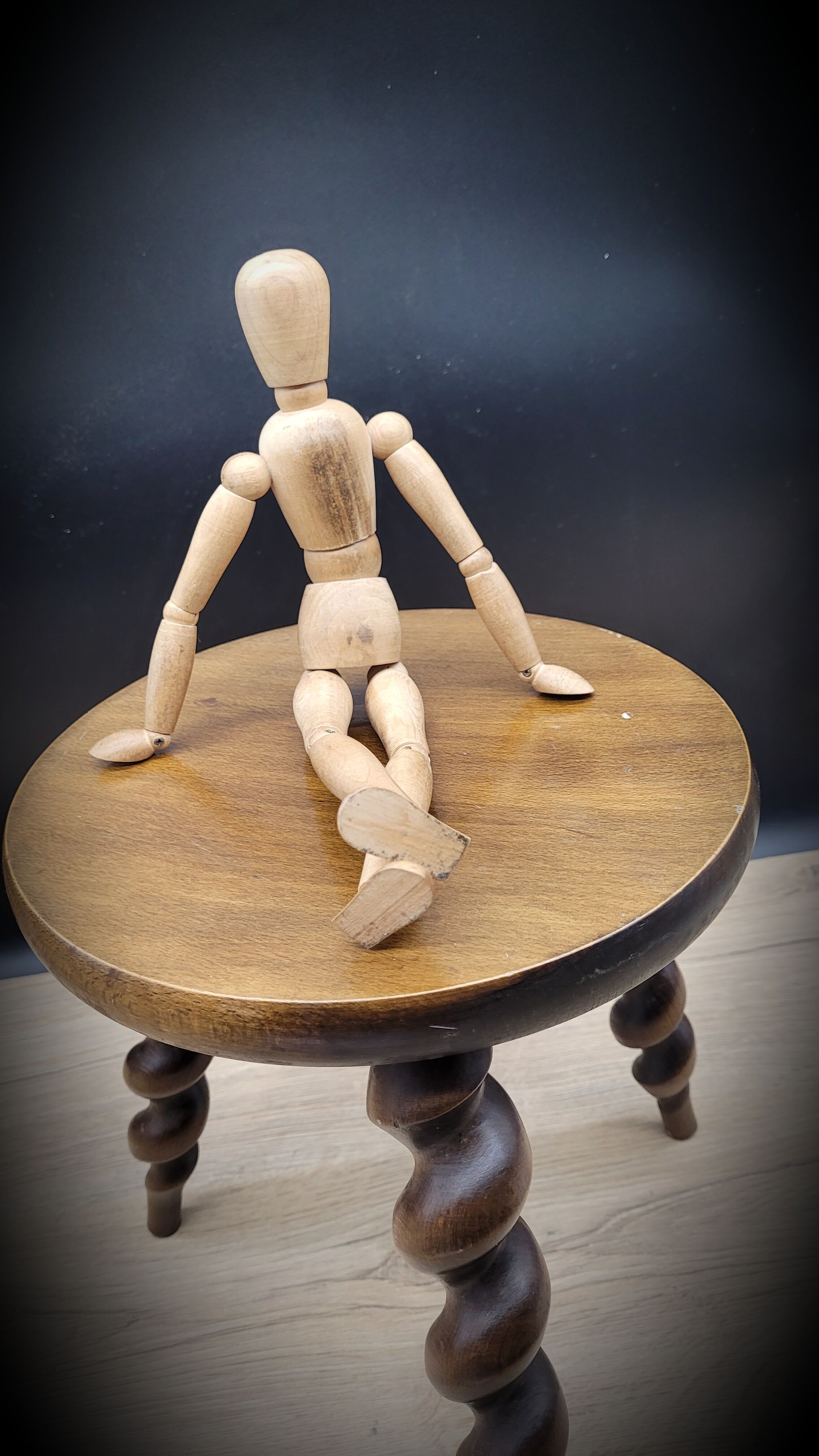 Turned wood tripod stool