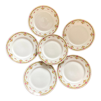 6 dessert plates geometric frieze gold and rose flowers