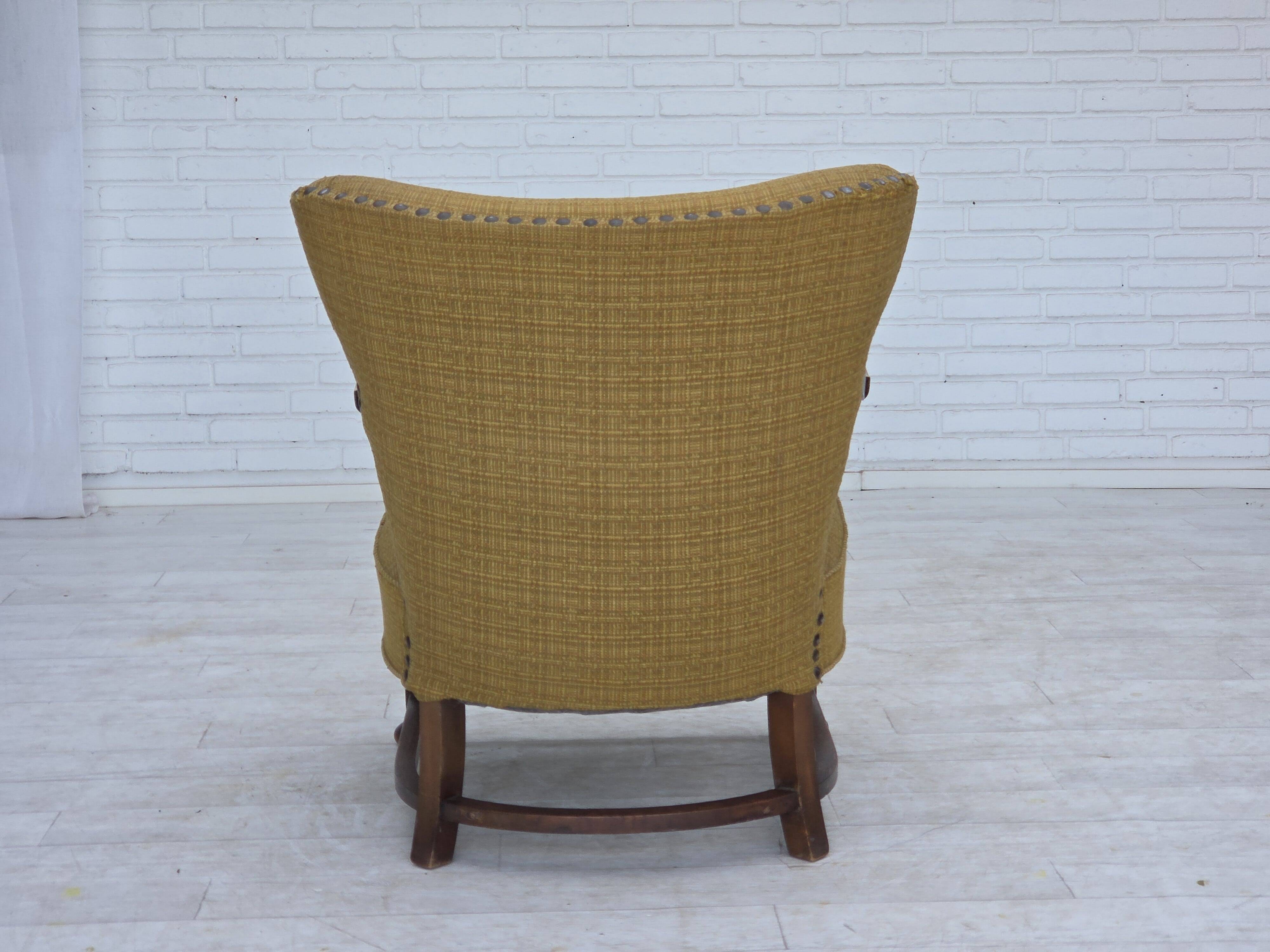 1960s, Danish armchair, original green furniture wool, carved oak wood,
