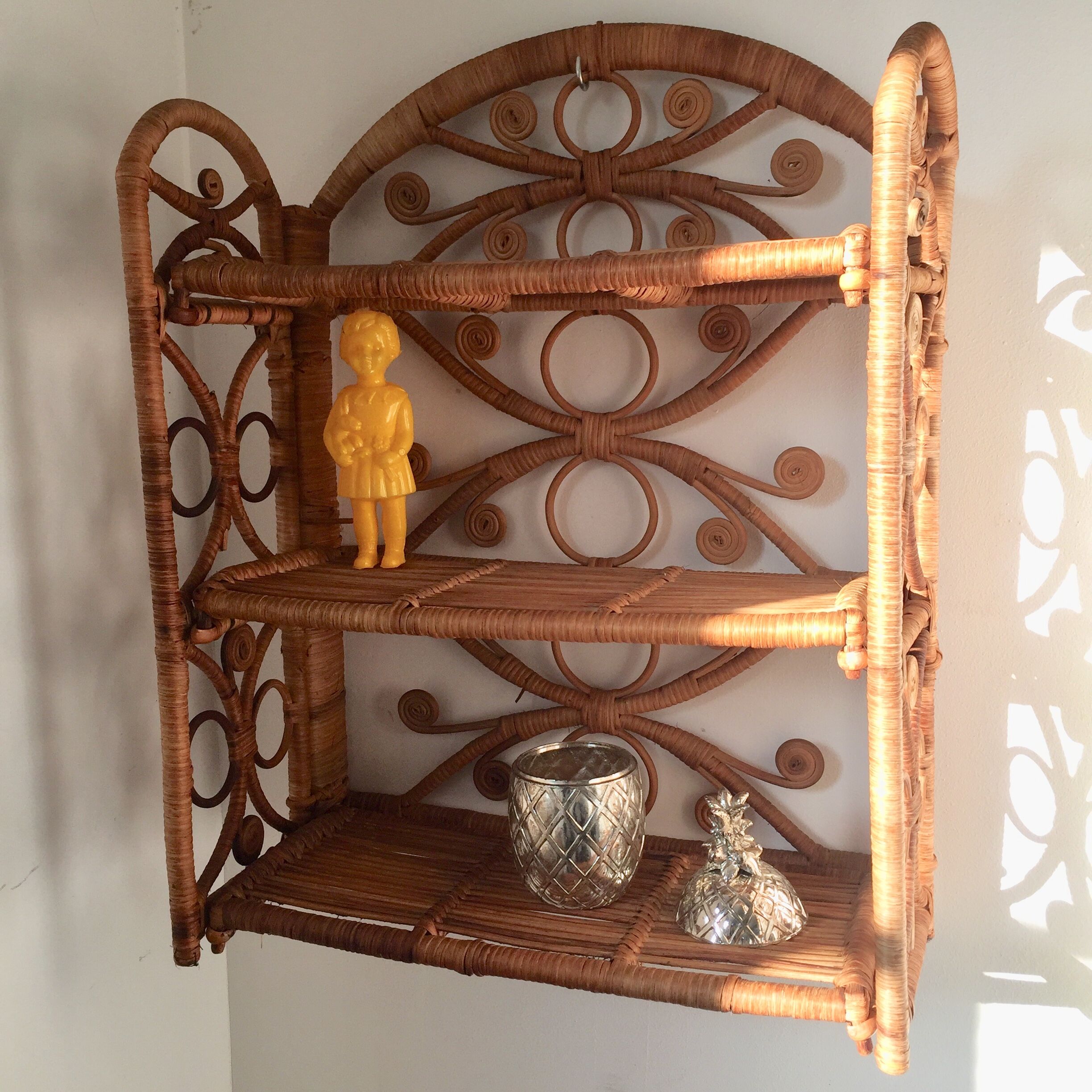 Vintage peacock rattan shelf