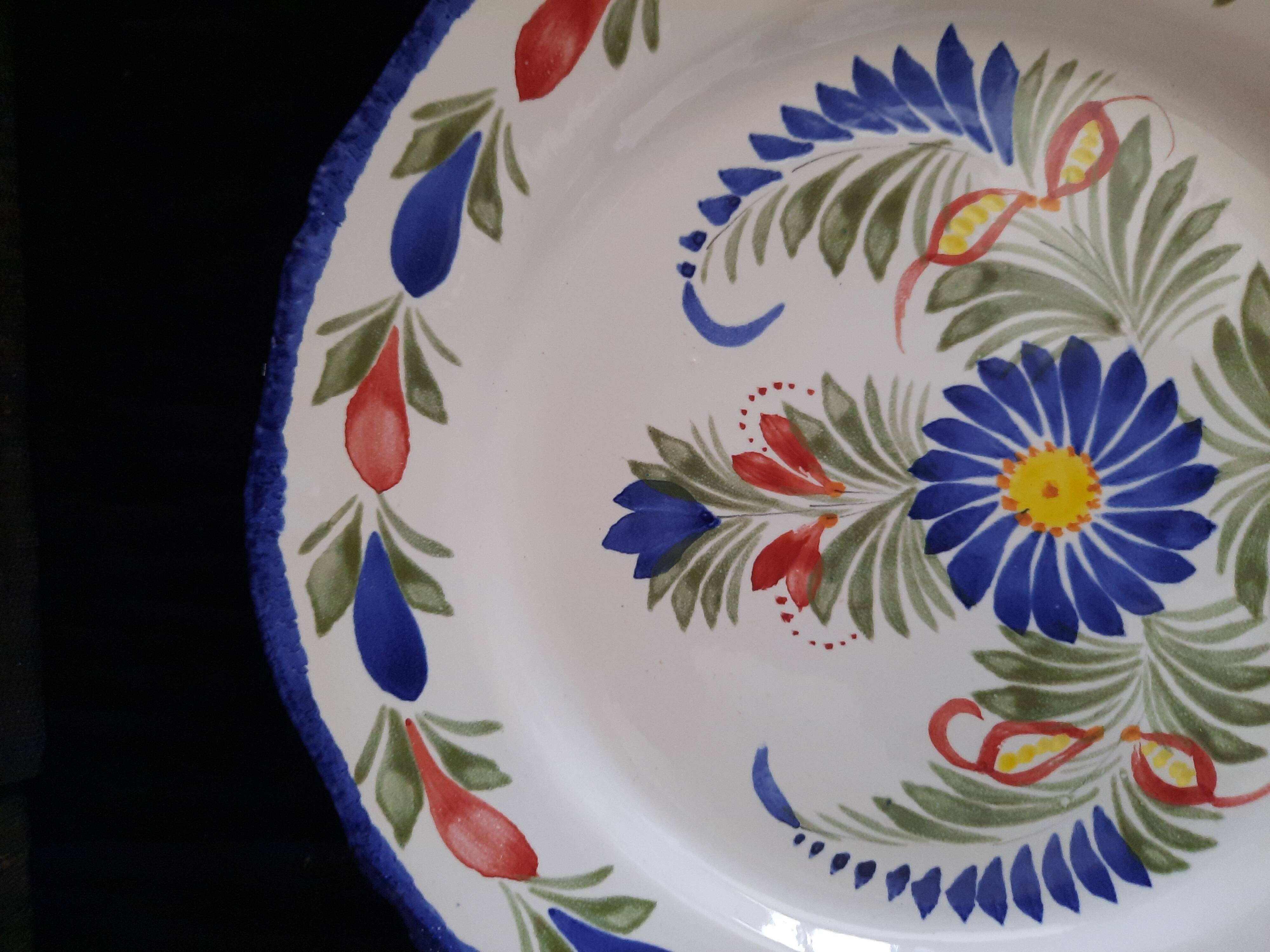 Old flat plate faience hb quimper hand-painted floral decoration