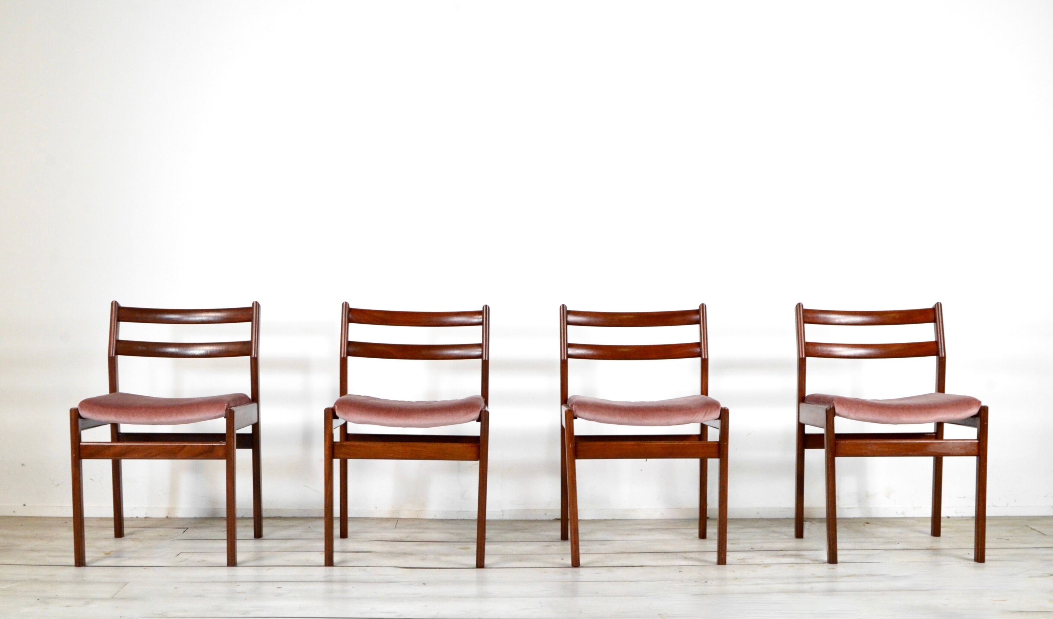 Set of 4 Midcentury Teak and Velvet Chairs by White and Newton