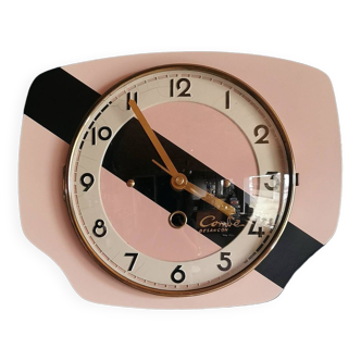 Horloge formica vintage pendule murale silencieuse "Combe Besançon rose noir"