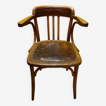 Ancien fauteuil de bureau bois courbé et cuir début XXème