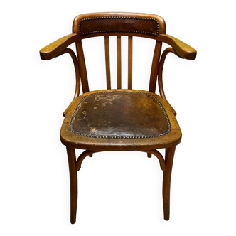 Ancien fauteuil de bureau bois courbé et cuir début XXème