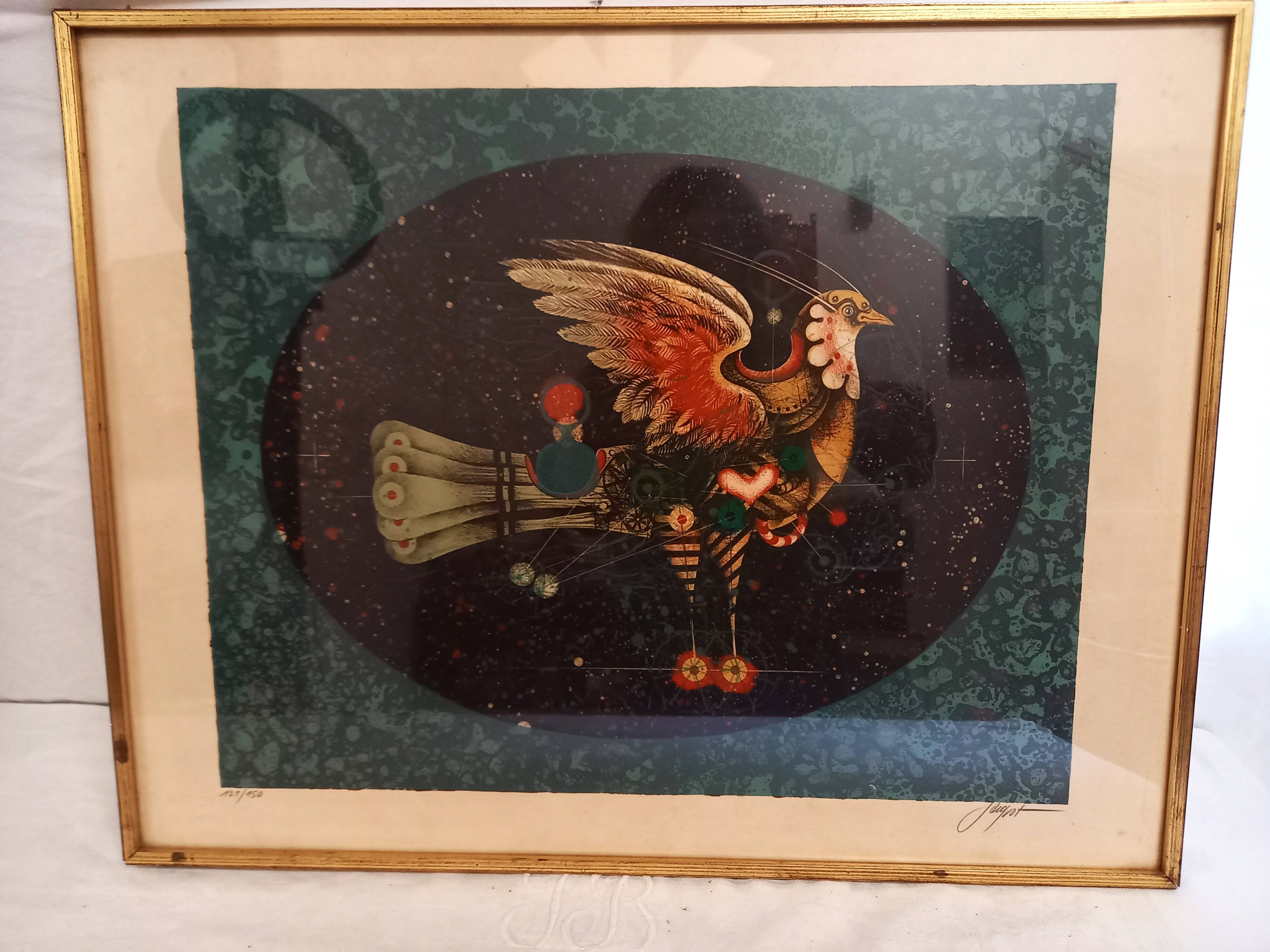 Original lithograph by Pierre-Henri Jacquot (1929-2009), Homage to Vaucanson, bird composition