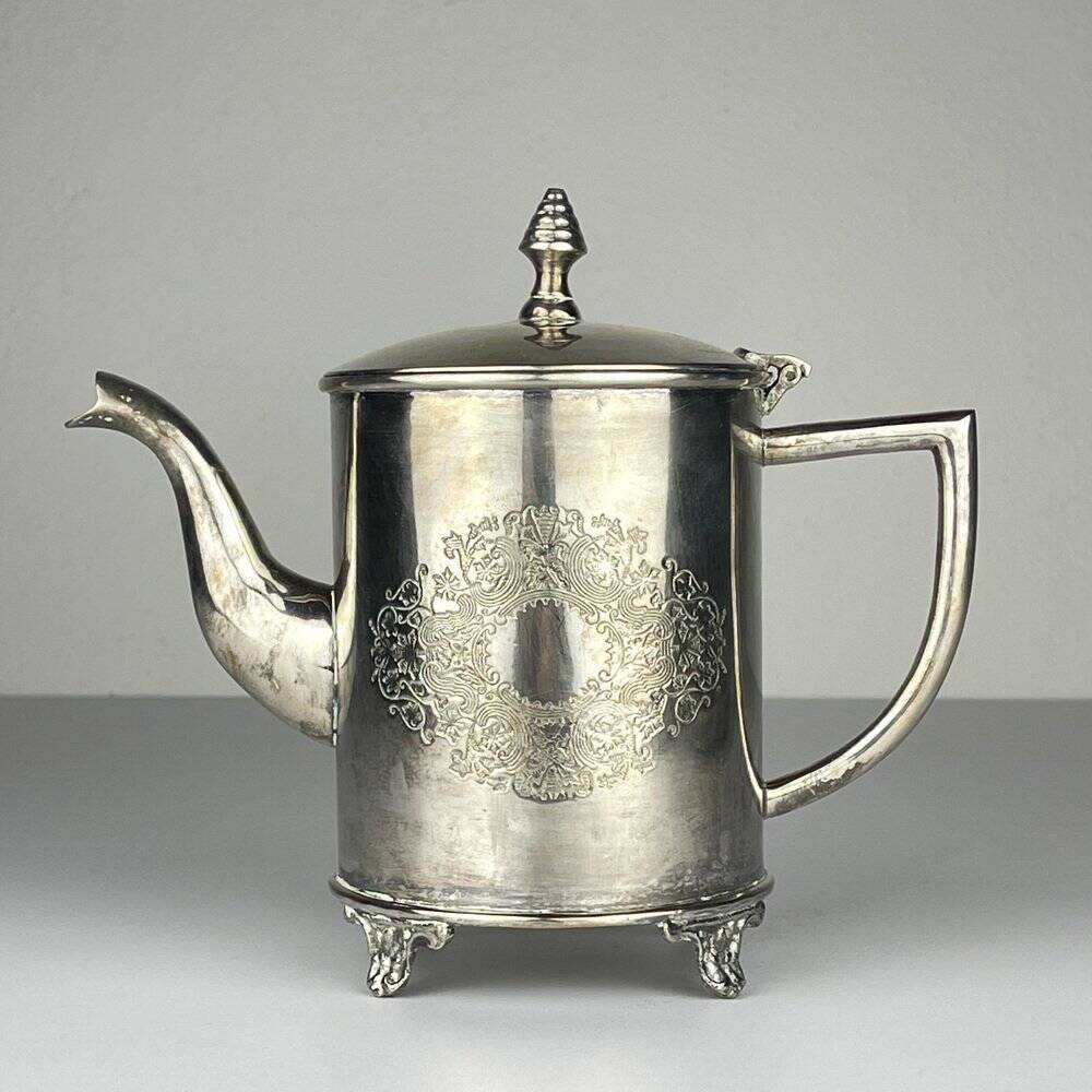 Vintage teapot and tray in solid silver by Royal Sheffield, England, 1950s, Set of 2.