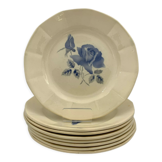 8 vintage earthenware dessert plates terre de fer Digoin, 1940s