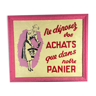Affiche publicitaire sur panneau encadré "Panier achat" vintage 1960