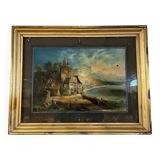 Painting fixed under glass depicting a lake view with the Alps in the background (A)