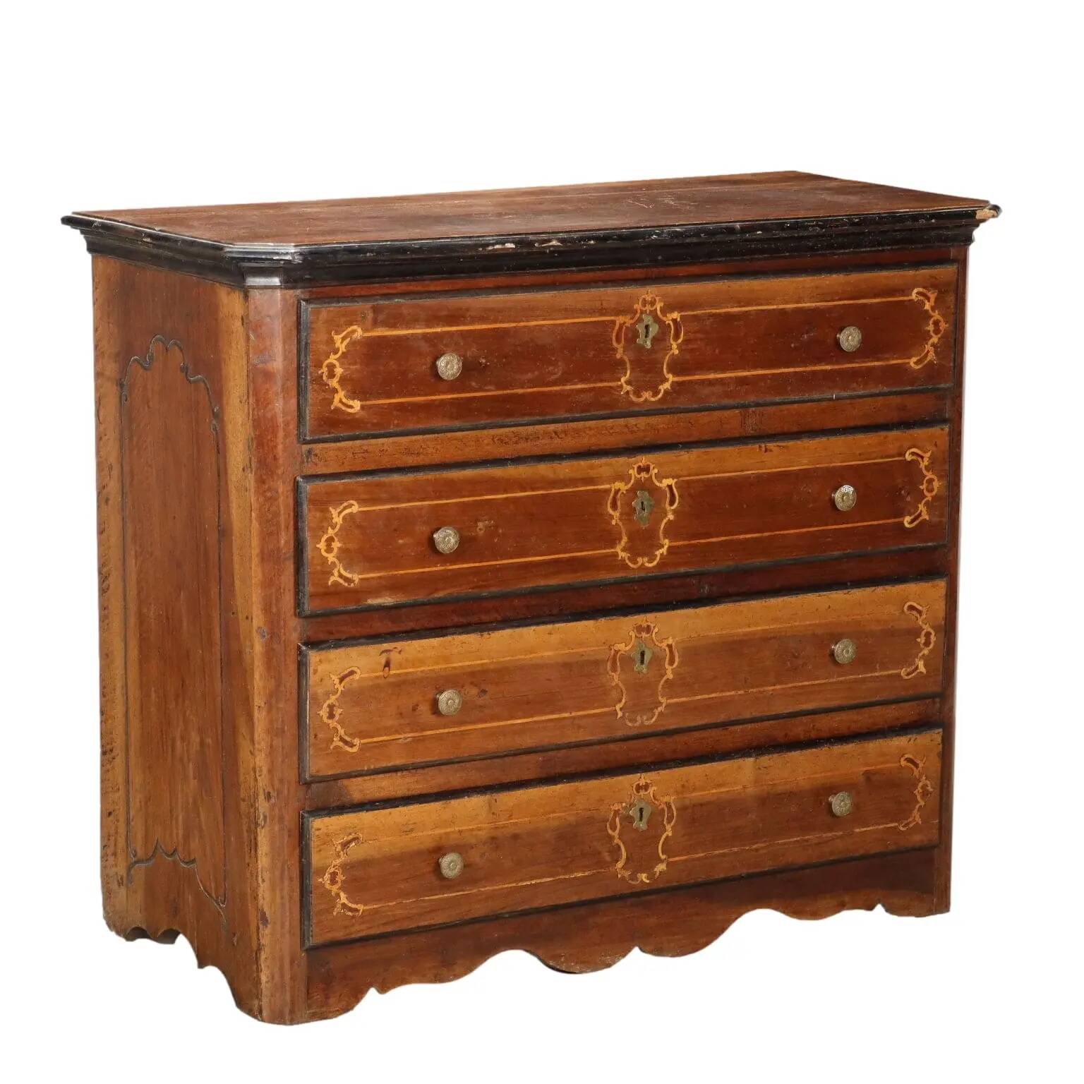 Commode ancienne en noyer 4 tiroirs Italie XVIIIe siècle