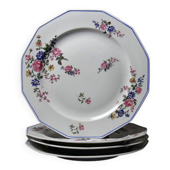 4 flat plates by Bernardaud, Limoges porcelain, floral decoration from the 1920s to 1950s.