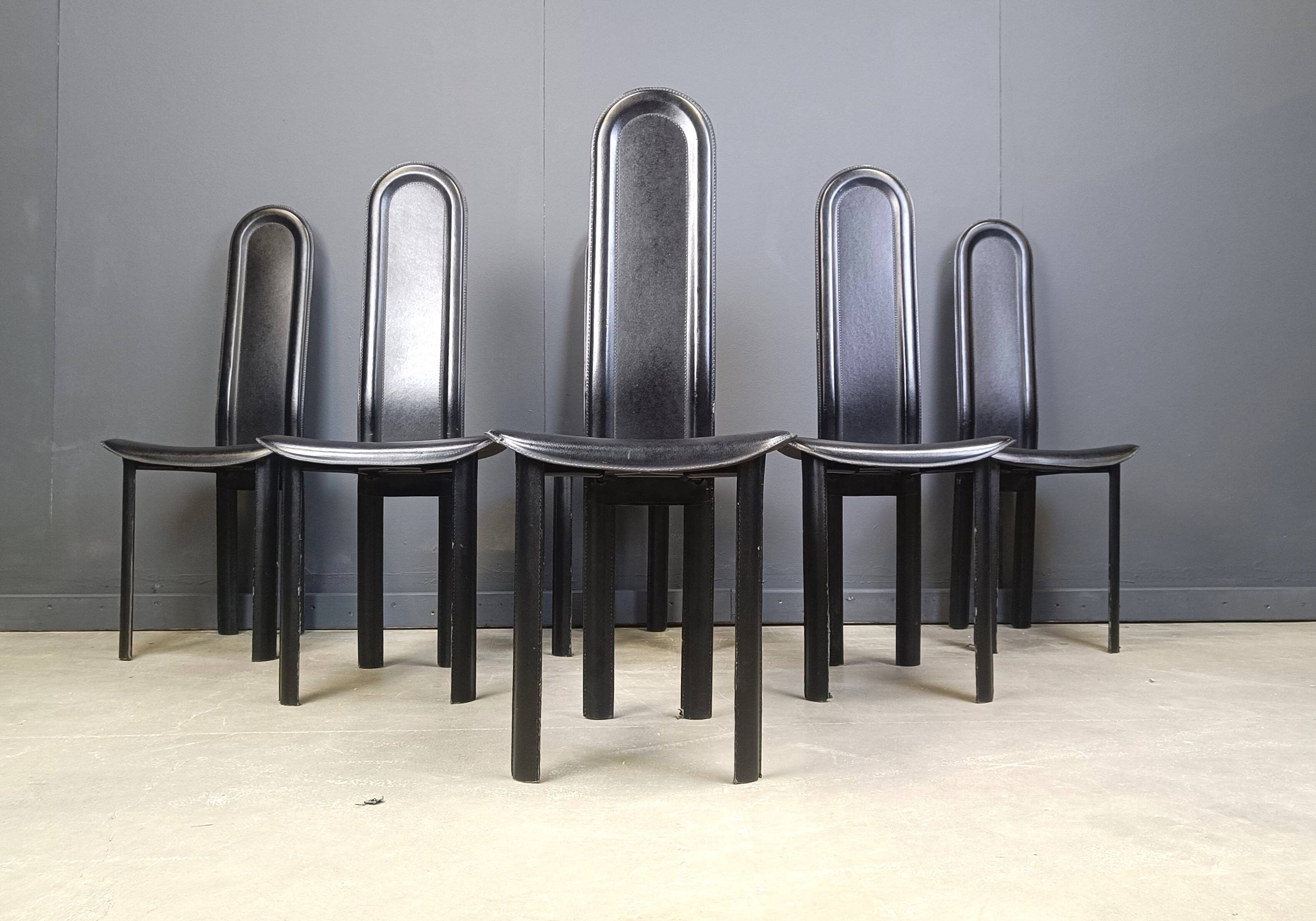 Set of 6 high back leather dining chairs, 1980s