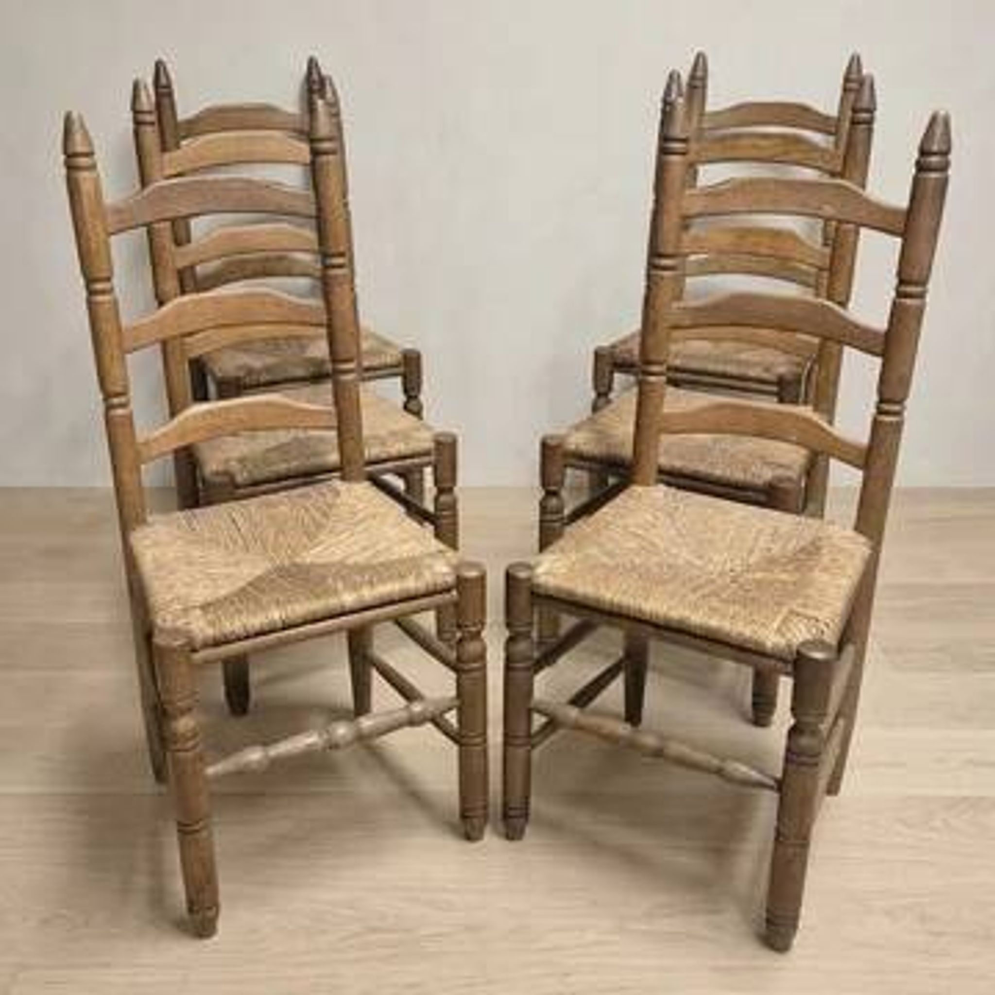 Set of 6 vintage wooden ladder-back dining chairs with woven seats