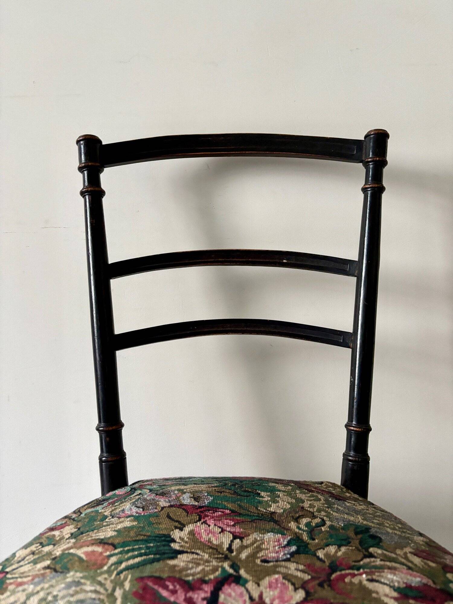 Napoleon III chair in black wood and floral jacquard