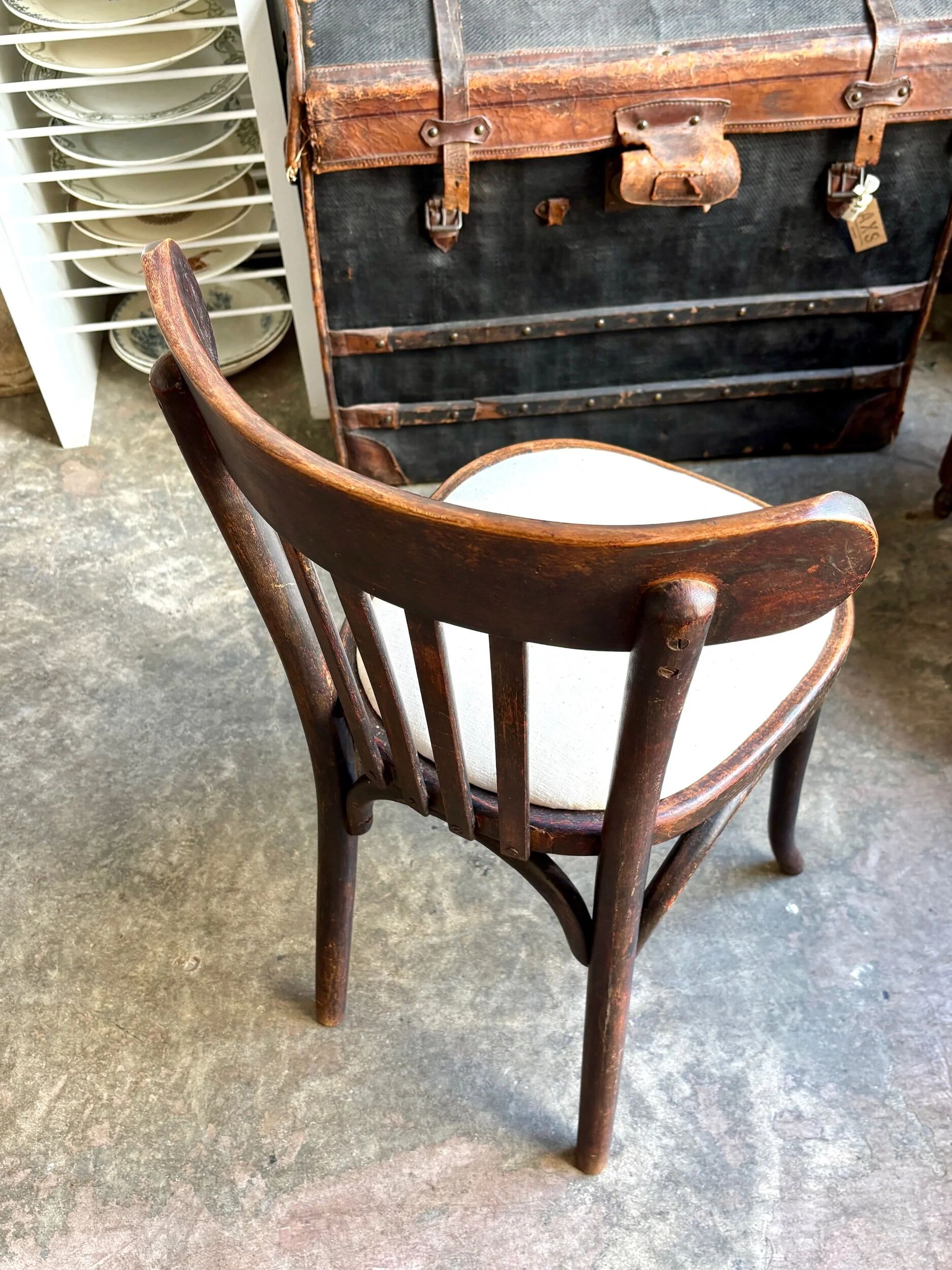 Bistro chair in bent beech and beige mixed fabric.