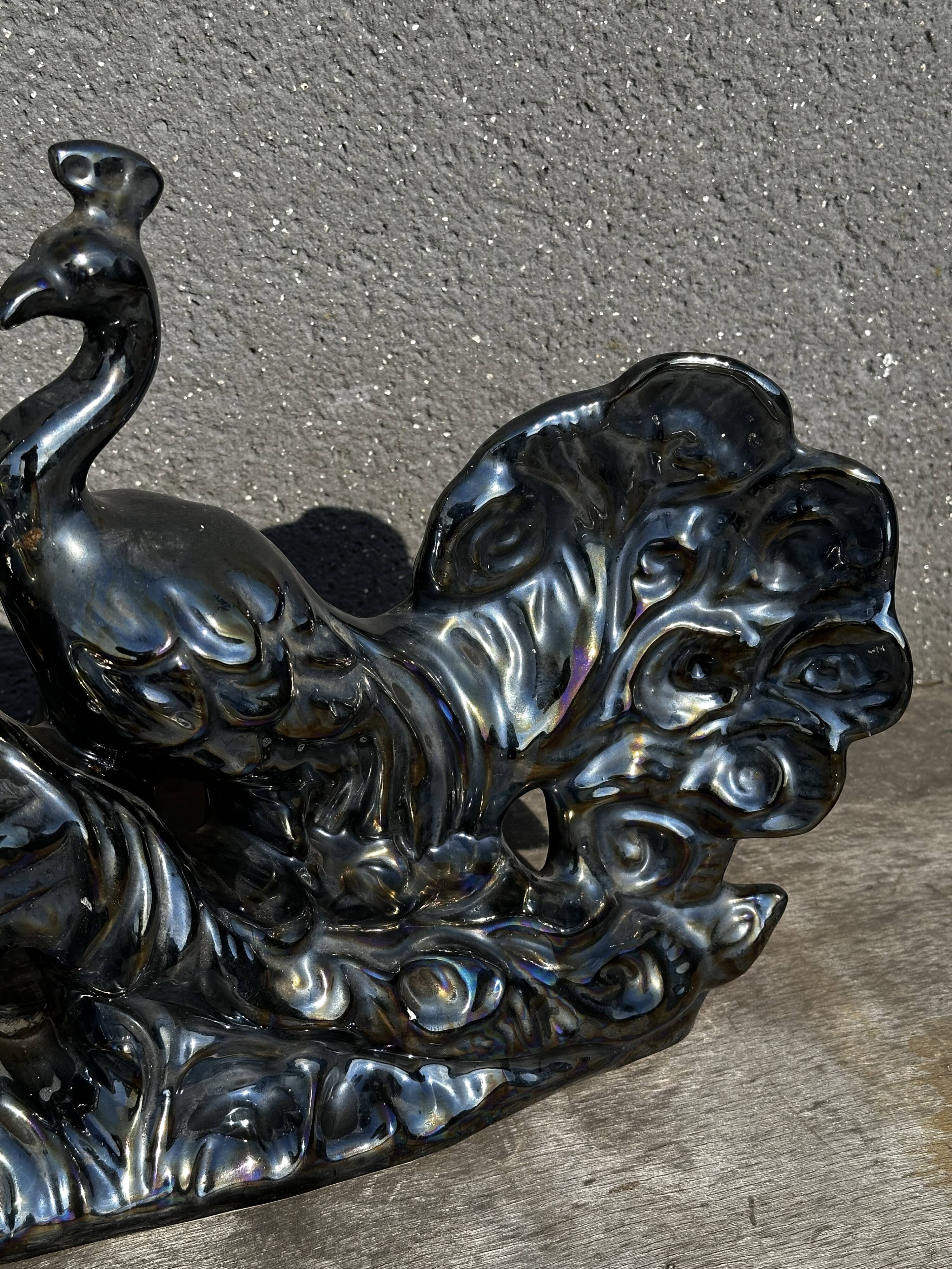 Centerpiece Pair of Peacocks Ceramic Vallauris Iridescent Anthracite Grey