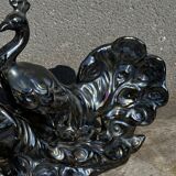 Centerpiece Pair of Peacocks Ceramic Vallauris Iridescent Anthracite Grey