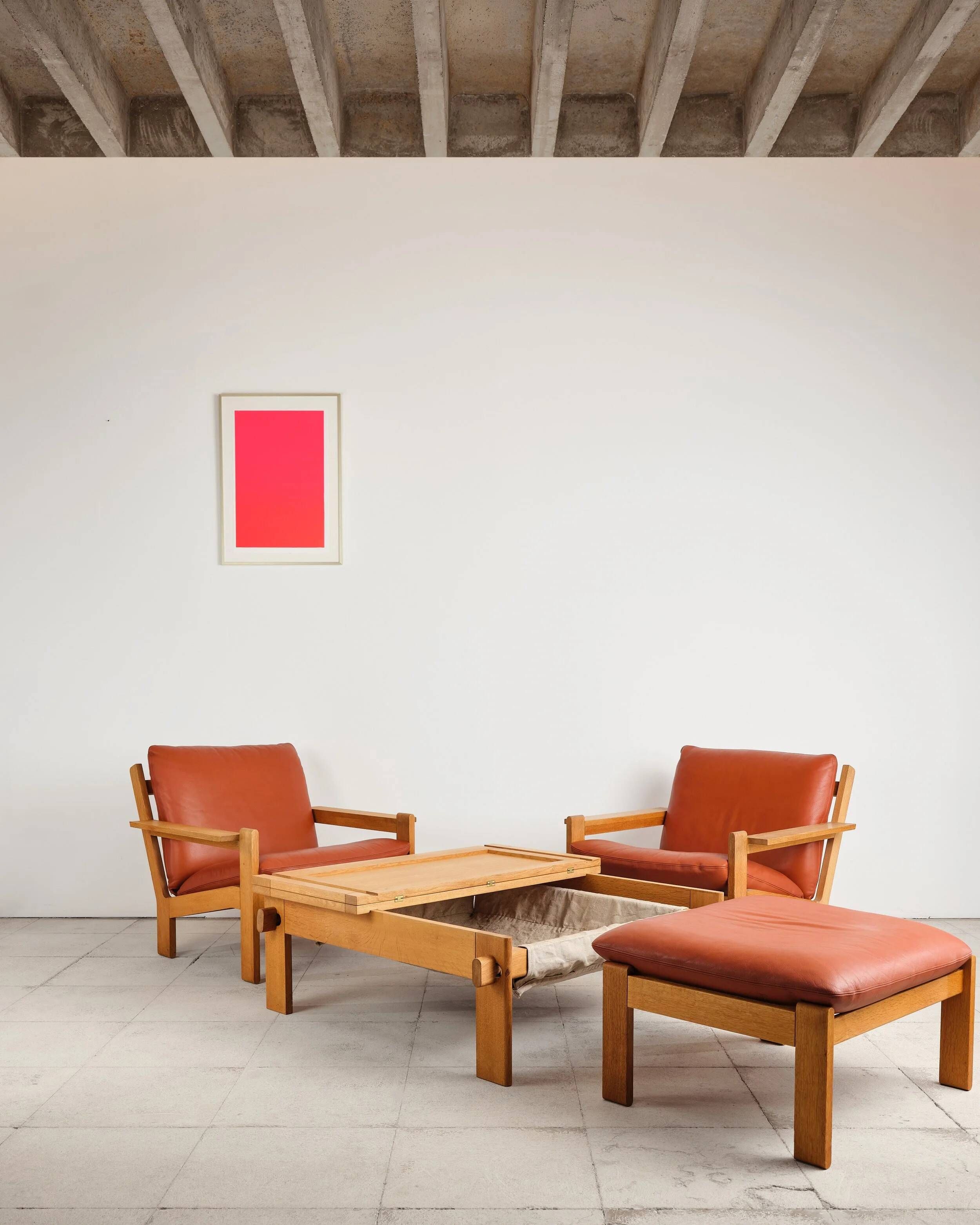 Brutalist oak and leather sofa, Tage Poulsen, 4 pieces, Denmark, 1970s.