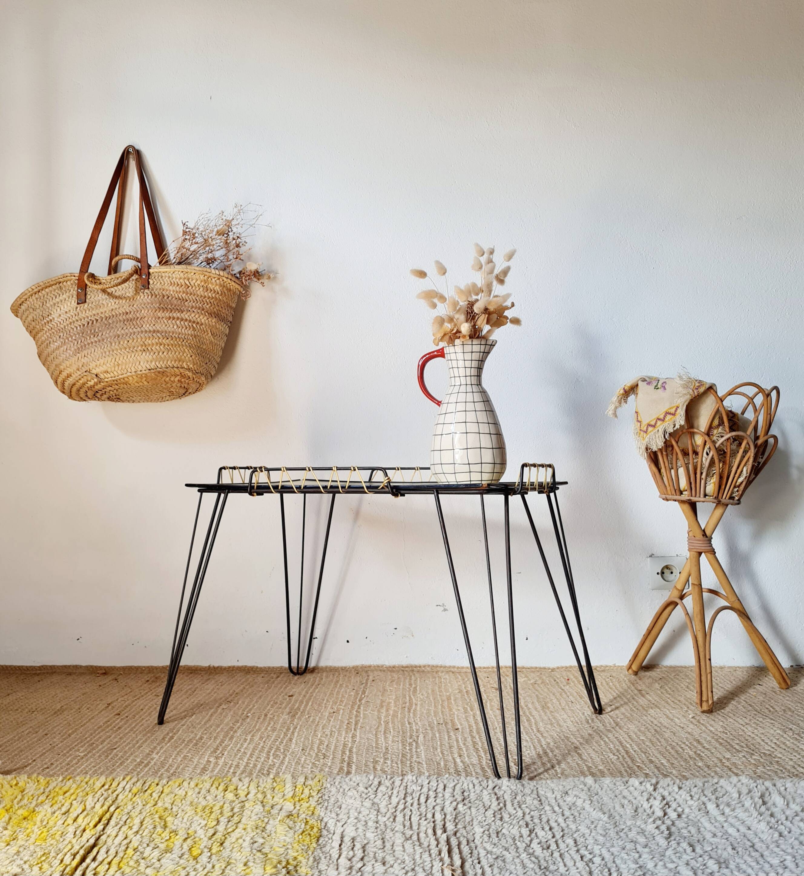 Black metal side table with scoubidou, 1950s