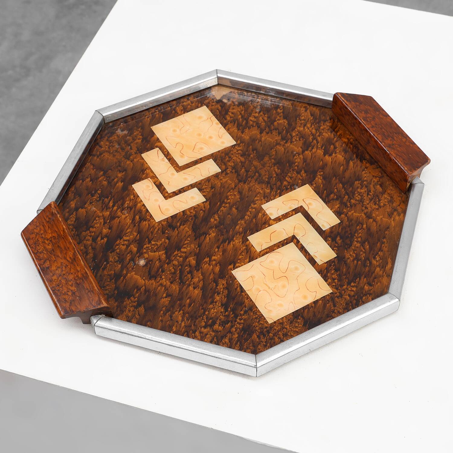 Art Deco Whiskey Tray in Metal and Wood, Belgium 1920s
