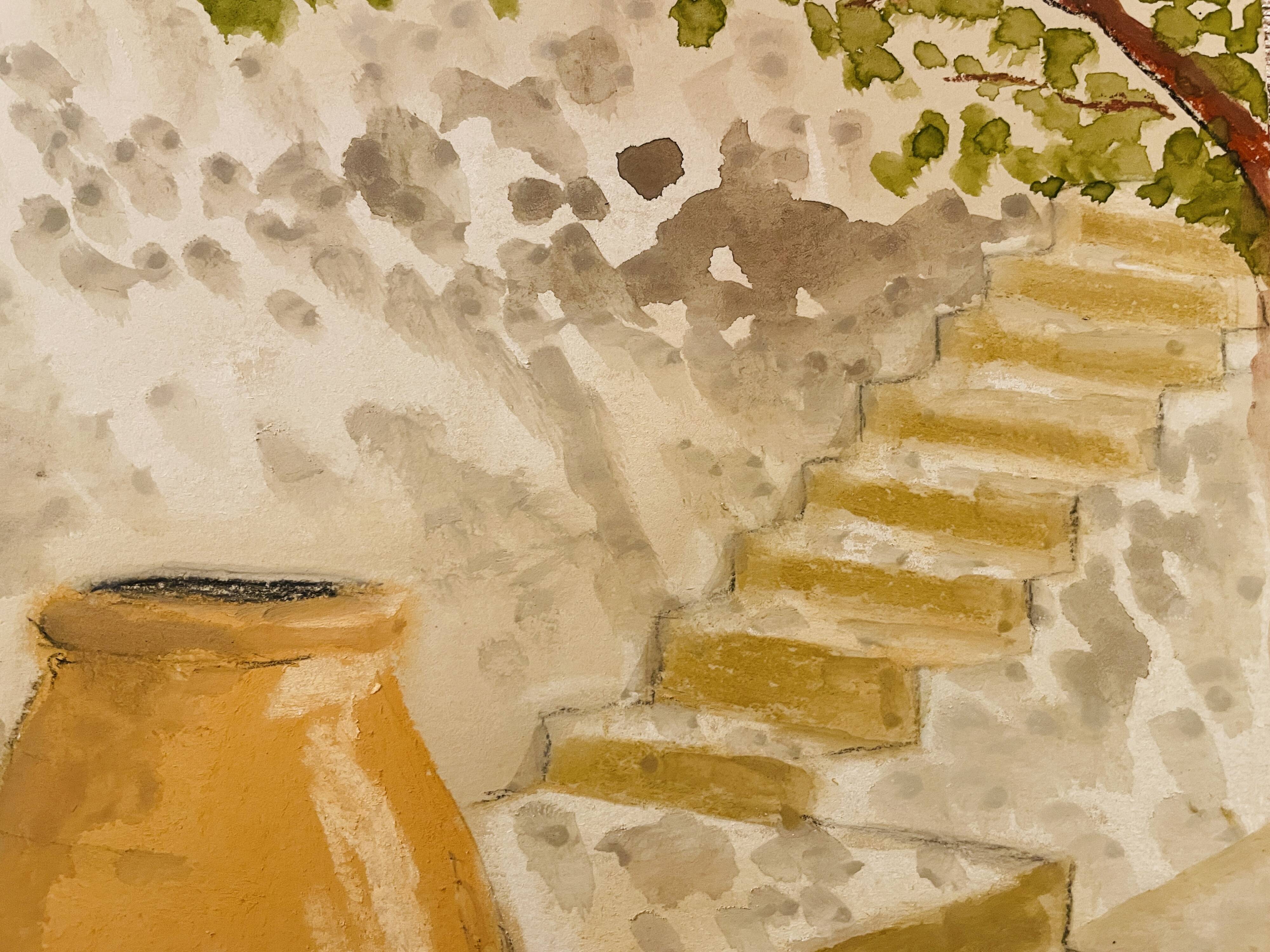 Signed pastel and watercolor painting of a Provençal landscape "the staircase"