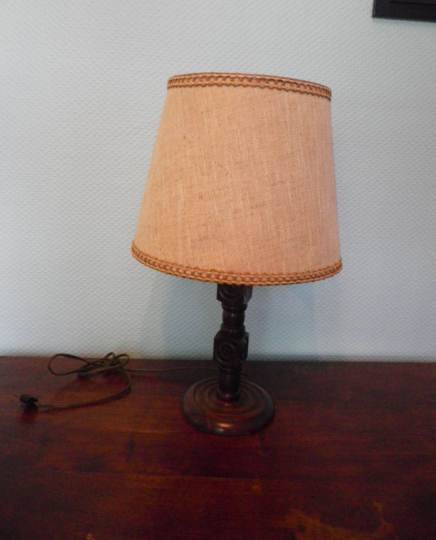 Wooden Desk Lamp with Geometric Design and Fabric Shade, France