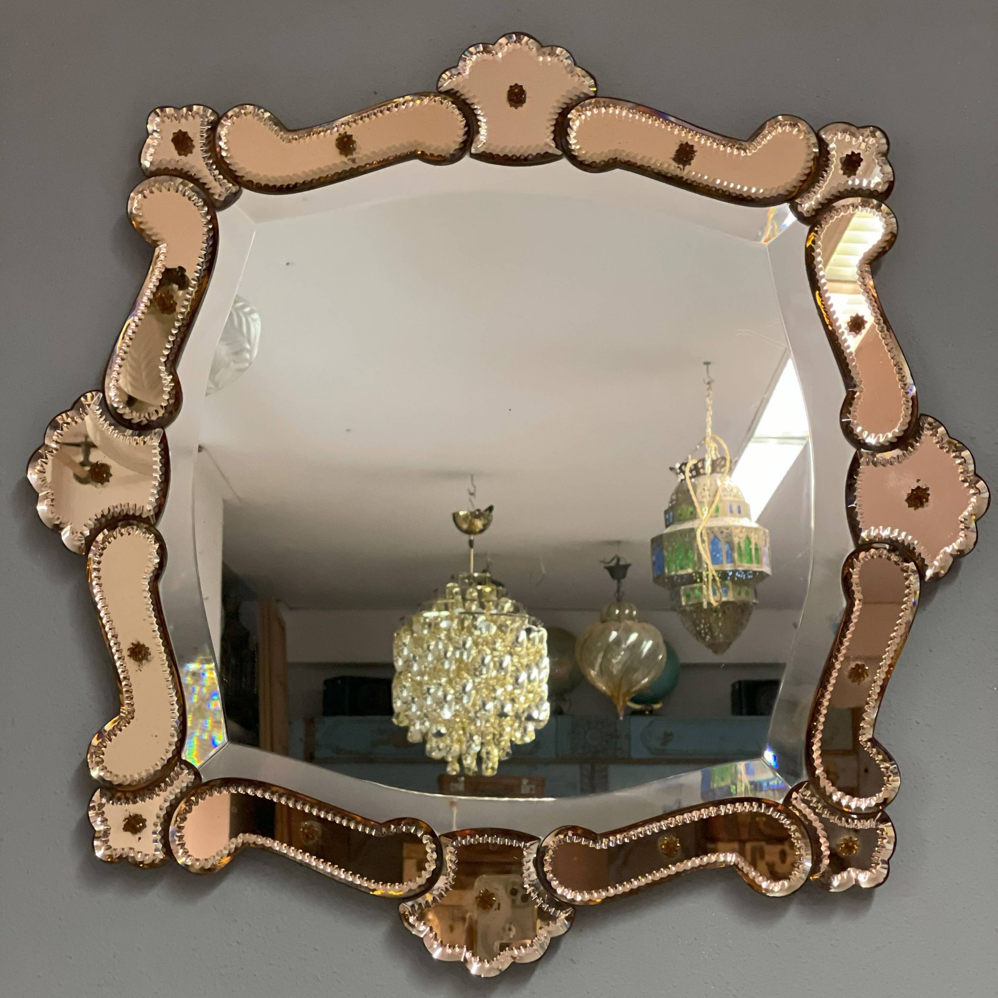 Venetian Quadratic Mirror with Rosé Rauchglass Frame
