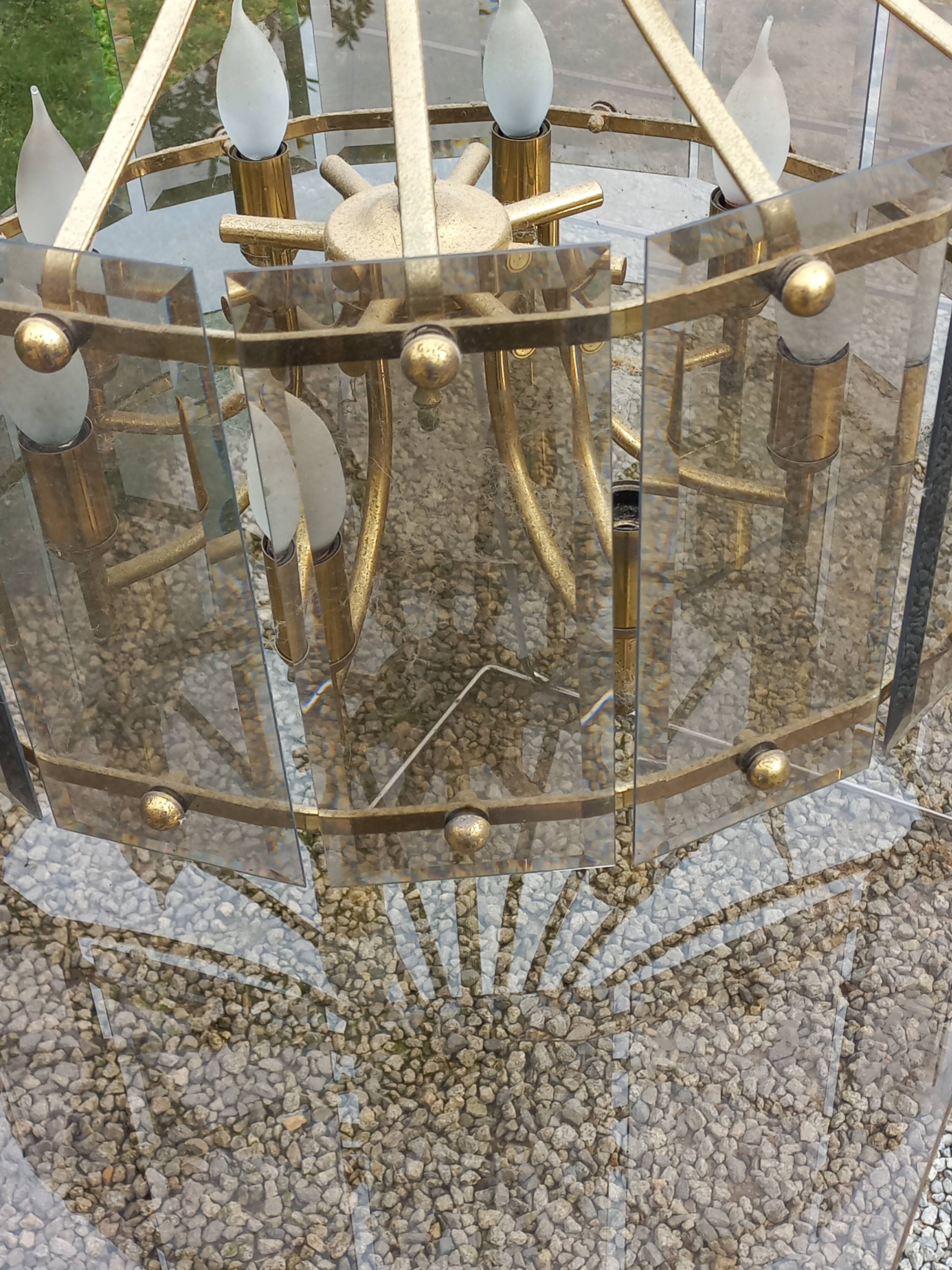 70s designer chandelier with smoked glass plates and gold metal frame