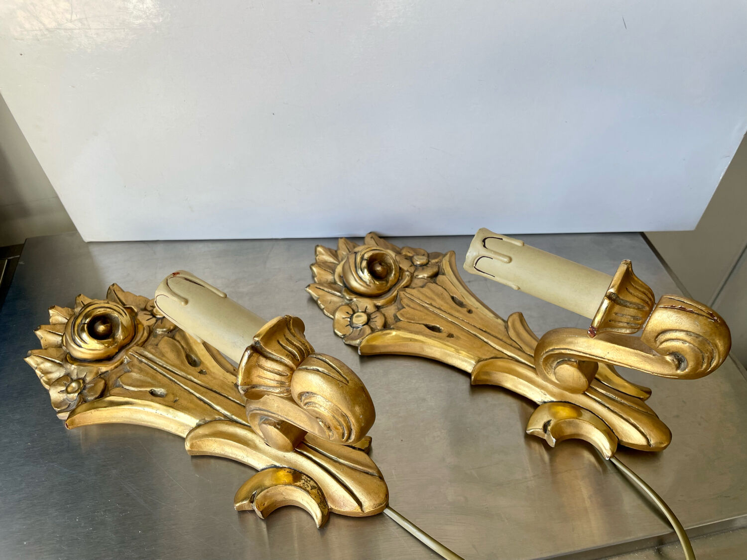 Pair of vintage gilded wood electric wall sconces