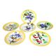 Orchies set of 6 yellow earthenware dessert plates with stencilled fruit decoration.